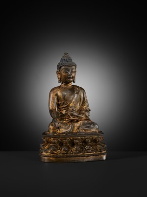 Lot 60 - A GILT-LACQUERED BRONZE FIGURE OF THE MEDICINE BUDDHA, BHAISHAJYAGURU, MING DYNASTY