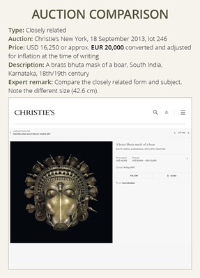 Lot 315 - A BRONZE BHUTA MASK IN THE FORM OF A PANJURLI BHUTA (BOAR SPIRIT DEITY), TULU NADU, 18TH-19TH CENTURY
