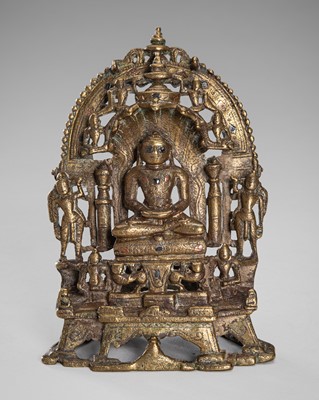 Lot 1249 - A JAIN COPPER AND SILVER-INLAID BRONZE SHRINE TO PARSHVANATHA, c. 15th CENTURY