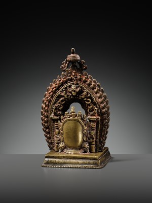 A GILT-BRONZE CAST AND REPOUSSÉ ISHTADEVATA SHRINE, NEPAL, DATED 1824