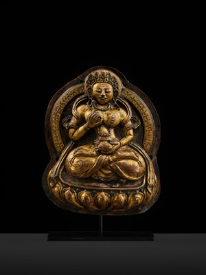 Lot 18 - A GILT-COPPER REPOUSSÉ PLAQUE OF WHITE TARA, TIBET, 18TH CENTURY