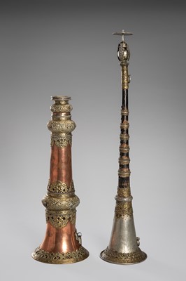 Lot 740 - A GROUP LOT OF TWO COPPER, WOOD AND BRASS TRUMPETS, TIBET, 19TH CENTURY