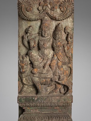 Lot 1261 - A CARVED WOOD STELE DEPICTING SHIVA AND PARVATI, INDIA, 19TH CENTURY