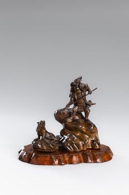 Lot 32 - A BRONZE OKIMONO OF A SAMURAI HUNTING A TIGER