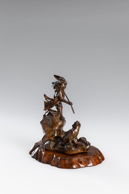 Lot 32 - A BRONZE OKIMONO OF A SAMURAI HUNTING A TIGER