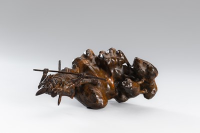 Lot 32 - A BRONZE OKIMONO OF A SAMURAI HUNTING A TIGER