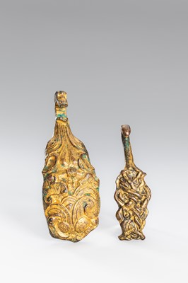 TWO ARCHAISTIC GILT-BRONZE ‘MYTHICAL BEAST’ BELT HOOKS