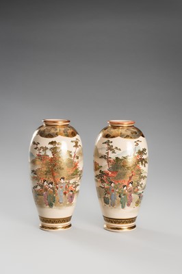 Lot 206 - JUNZAN: A PAIR OF SATSUMA EARTHENWARE VASES WITH COURT LADIES
