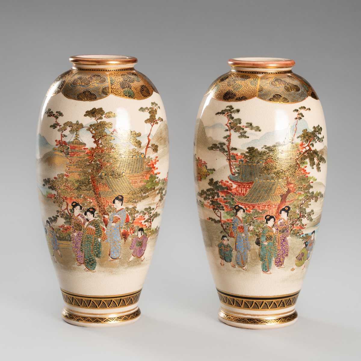 Lot 206 - JUNZAN: A PAIR OF SATSUMA EARTHENWARE VASES WITH COURT LADIES