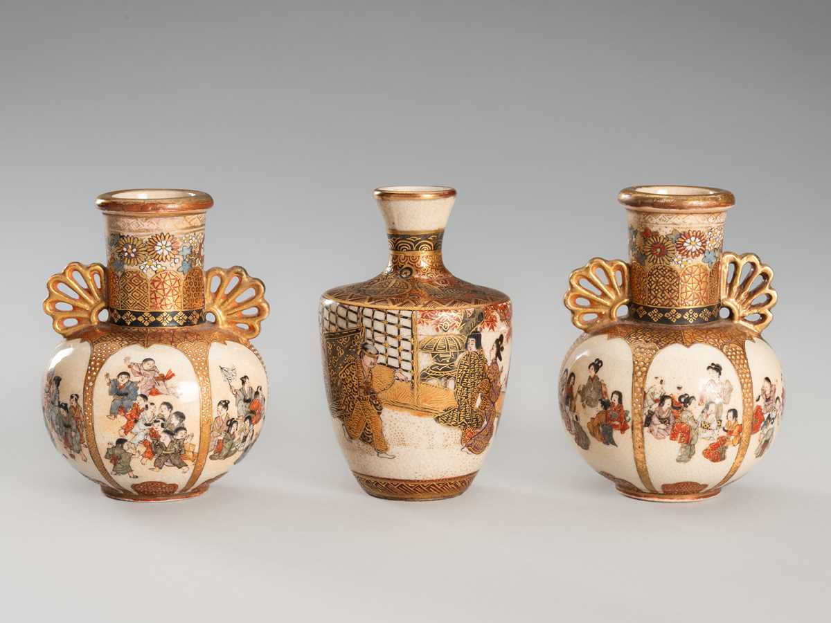 Lot 203 - A GROUP OF THREE MINIATURE SATSUMA PORCELAIN VASES