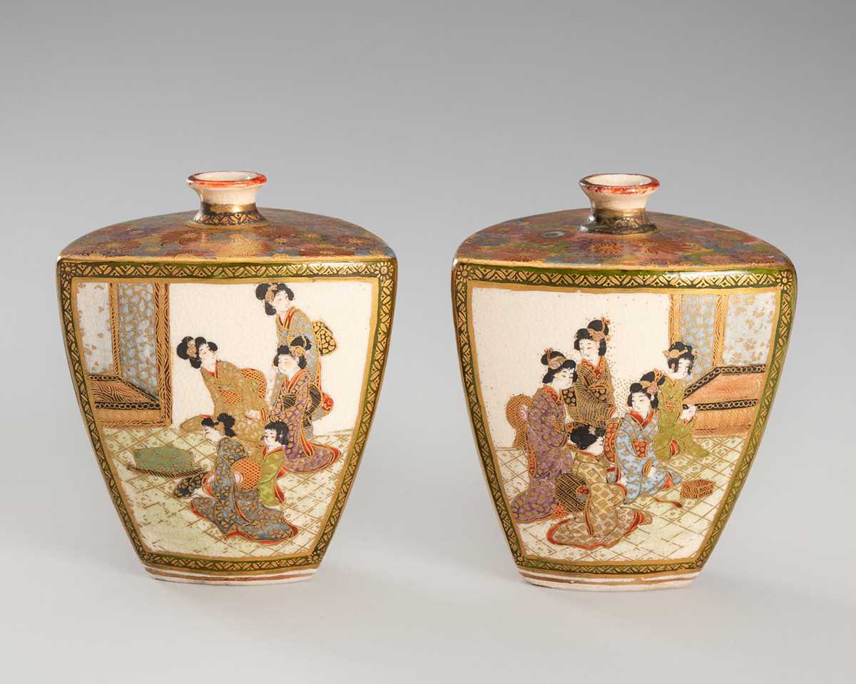 Lot 204 - A PAIR OF SMALL SATSUMA EARTHENWARE VASES