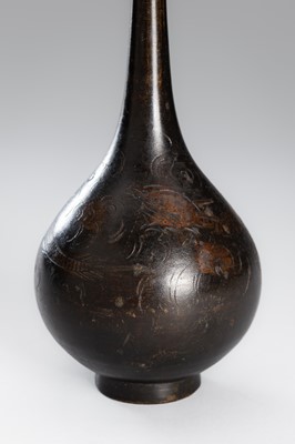 Lot 10 - A PAIR OF BRONZE TRUMPET BOTTLE VASES WITH DRAGONS AMONG CLOUDS