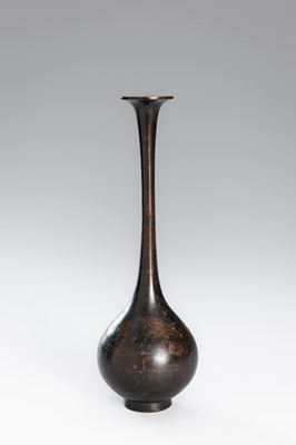 Lot 10 - A PAIR OF BRONZE TRUMPET BOTTLE VASES WITH DRAGONS AMONG CLOUDS