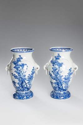 Lot 220 - KAWAMOTO MASUKICHI: A PAIR OF FINE SETO BLUE AND WHITE PORCELAIN VASES