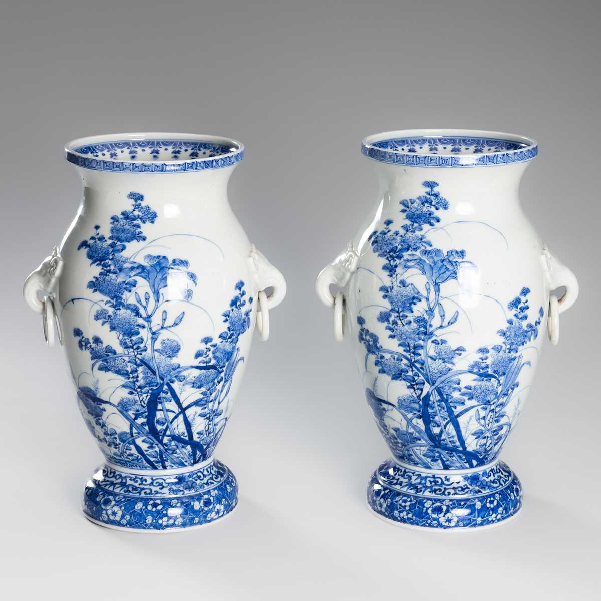 Lot 220 - KAWAMOTO MASUKICHI: A PAIR OF FINE SETO BLUE AND WHITE PORCELAIN VASES
