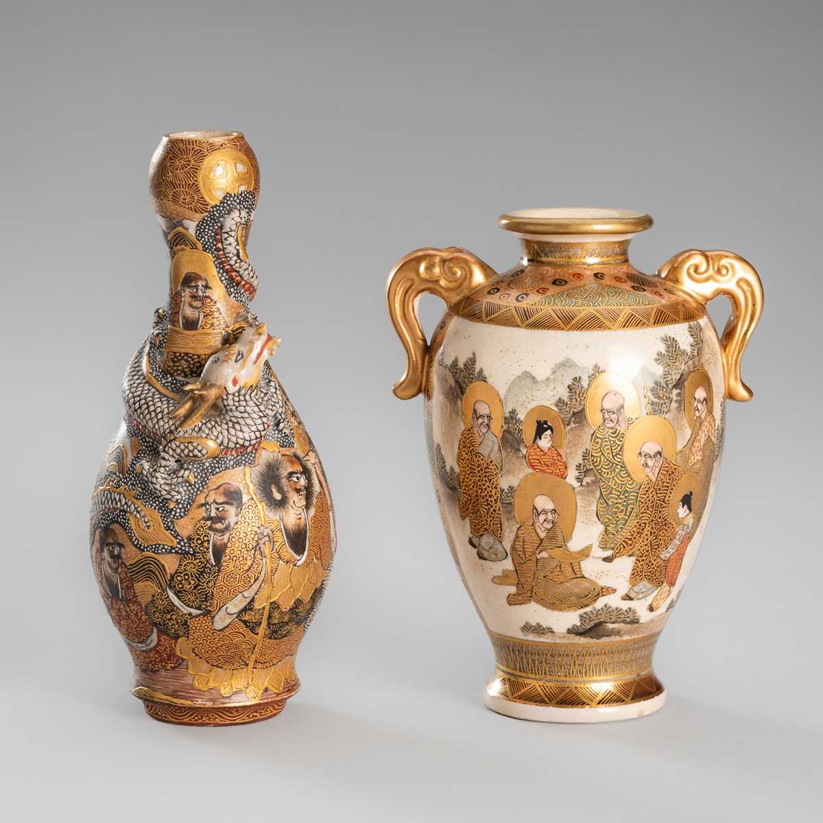 Lot 1570 - A GROUP LOT WITH TWO SIGNED SATSUMA EARTHENWARE VASES