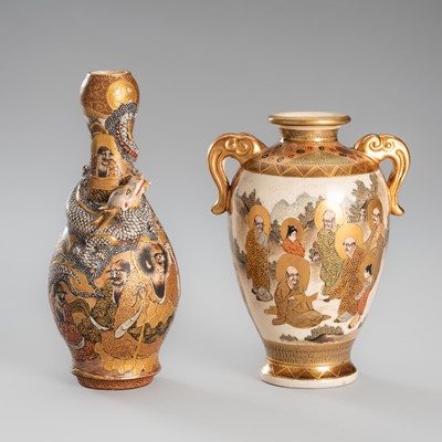 Lot 205 - A GROUP LOT WITH TWO SIGNED SATSUMA EARTHENWARE VASES