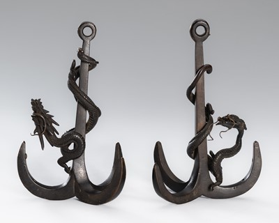 Lot 803 - A PAIR OF BRONZE ANCHORS WITH DRAGONS