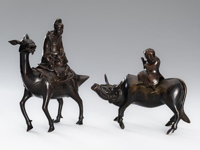 Lot 815 - A GROUP WITH TWO FIGURAL BRONZE CENSERS, QING DYNASTY