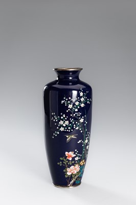 Lot 165 - A MIDNIGHT-BLUE CLOISONNÉ VASE WITH SPARROWS AND SAKURA BLOSSOMS