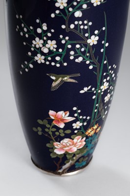Lot 165 - A MIDNIGHT-BLUE CLOISONNÉ VASE WITH SPARROWS AND SAKURA BLOSSOMS