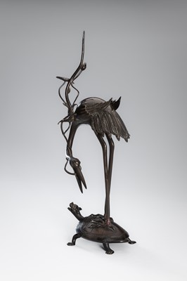 Lot 40 - A BRONZE ‘CRANE AND MINOGAME’ OKIMONO