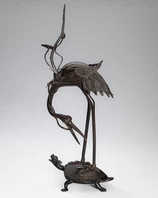 Lot 40 - A BRONZE ‘CRANE AND MINOGAME’ OKIMONO