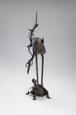 Lot 40 - A BRONZE ‘CRANE AND MINOGAME’ OKIMONO