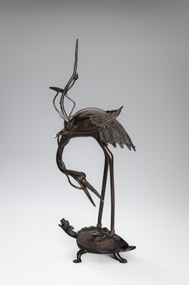 Lot 40 - A BRONZE ‘CRANE AND MINOGAME’ OKIMONO