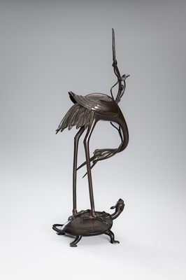 Lot 40 - A BRONZE ‘CRANE AND MINOGAME’ OKIMONO