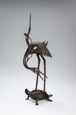 Lot 40 - A BRONZE ‘CRANE AND MINOGAME’ OKIMONO