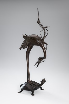 Lot 40 - A BRONZE ‘CRANE AND MINOGAME’ OKIMONO