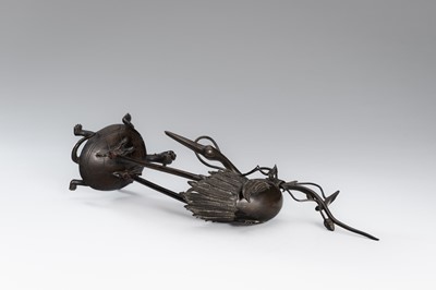 Lot 40 - A BRONZE ‘CRANE AND MINOGAME’ OKIMONO