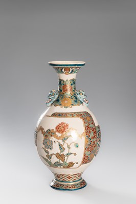 Lot 202 - TAKATSU: A SIGNED SATSUMA EARTHENWARE VASE WITH CHRYSANTEMUMS AND PEONIES