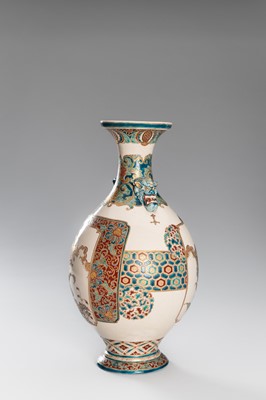 Lot 202 - TAKATSU: A SIGNED SATSUMA EARTHENWARE VASE WITH CHRYSANTEMUMS AND PEONIES