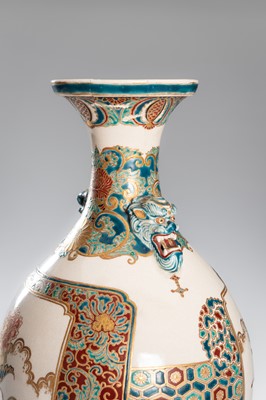 Lot 202 - TAKATSU: A SIGNED SATSUMA EARTHENWARE VASE WITH CHRYSANTEMUMS AND PEONIES