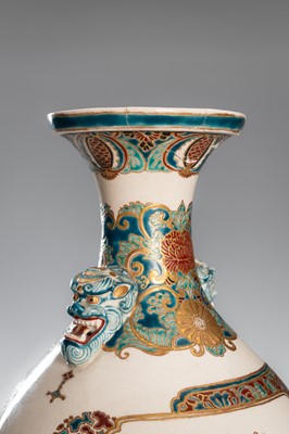 Lot 202 - TAKATSU: A SIGNED SATSUMA EARTHENWARE VASE WITH CHRYSANTEMUMS AND PEONIES