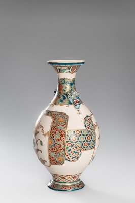 Lot 202 - TAKATSU: A SIGNED SATSUMA EARTHENWARE VASE WITH CHRYSANTEMUMS AND PEONIES