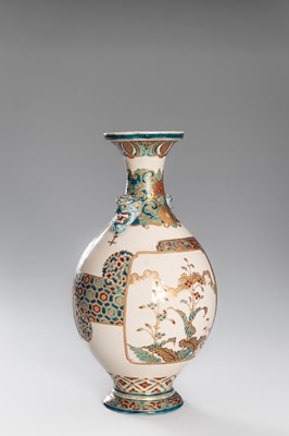 Lot 202 - TAKATSU: A SIGNED SATSUMA EARTHENWARE VASE WITH CHRYSANTEMUMS AND PEONIES