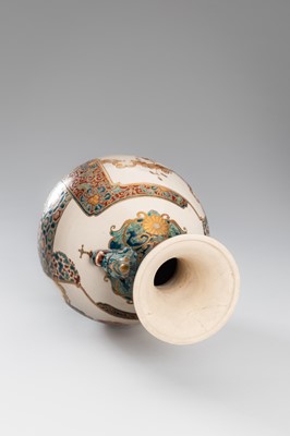 Lot 202 - TAKATSU: A SIGNED SATSUMA EARTHENWARE VASE WITH CHRYSANTEMUMS AND PEONIES