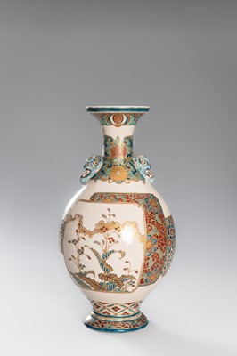 Lot 202 - TAKATSU: A SIGNED SATSUMA EARTHENWARE VASE WITH CHRYSANTEMUMS AND PEONIES
