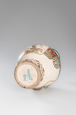 Lot 202 - TAKATSU: A SIGNED SATSUMA EARTHENWARE VASE WITH CHRYSANTEMUMS AND PEONIES