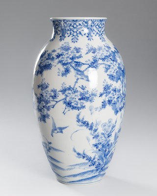 Lot 221 - A BLUE AND WHITE PORCELAIN ‘BIRDS AND FLOWERS’ VASE