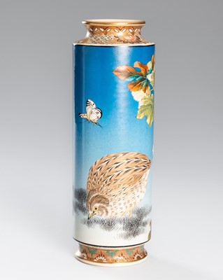 Lot 211 - TAIZAN YOHEI: A SATSUMA EARTHENWARE VASE WITH A QUAIL AND HIBISCUS