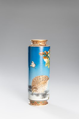 Lot 1574 - TAIZAN YOHEI: A SATSUMA EARTHENWARE VASE WITH A QUAIL AND HIBISCUS