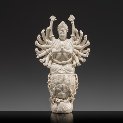 Lot 1181 - A DEHUA BLANC-DE-CHINE PORCELAIN FIGURE OF GUANYIN, LATE QING DYNASTY
