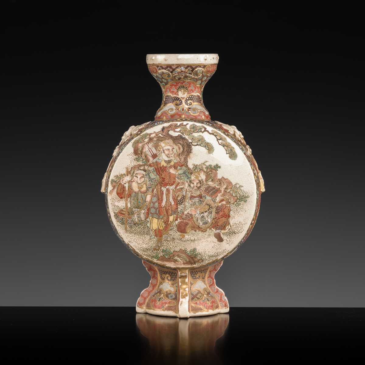 Lot 1573 - A SATSUMA EARTHENWARE VASE WITH WARRIORS AND BOYS