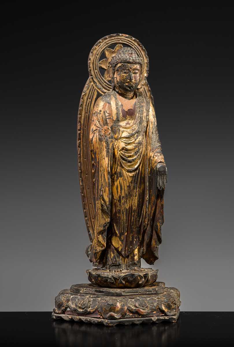 Lot 83 - A GILT-LACQUERED WOOD FIGURE OF AMIDA NYORAI