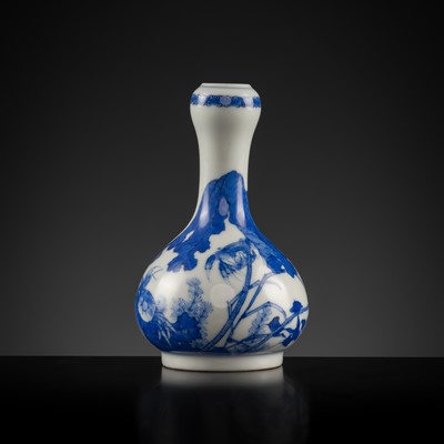 Lot 225 - KATO GOSUKE: A SMALL SETO BLUE AND WHITE PORCELAIN BOTTLE VASE WITH CRABS AND FOLIAGE