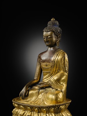 A GILT-BRONZE REPOUSSÉ FIGURE OF BUDDHA SHAKYAMUNI, INNER MONGOLIA, DOLONNOR MONASTERY, 18TH CENTURY